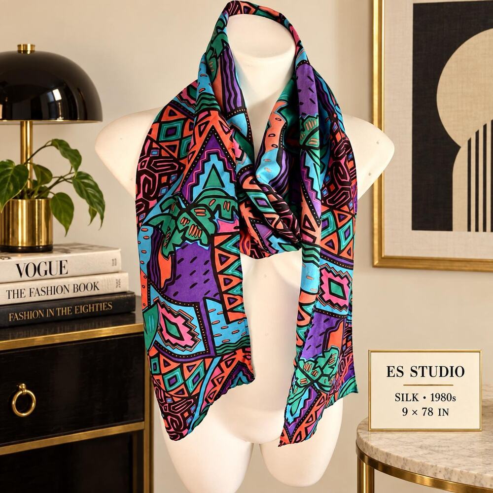 Vintage ES Studio Silk Scarf 1980s Abstract Geometric Multicolor Long 9x78